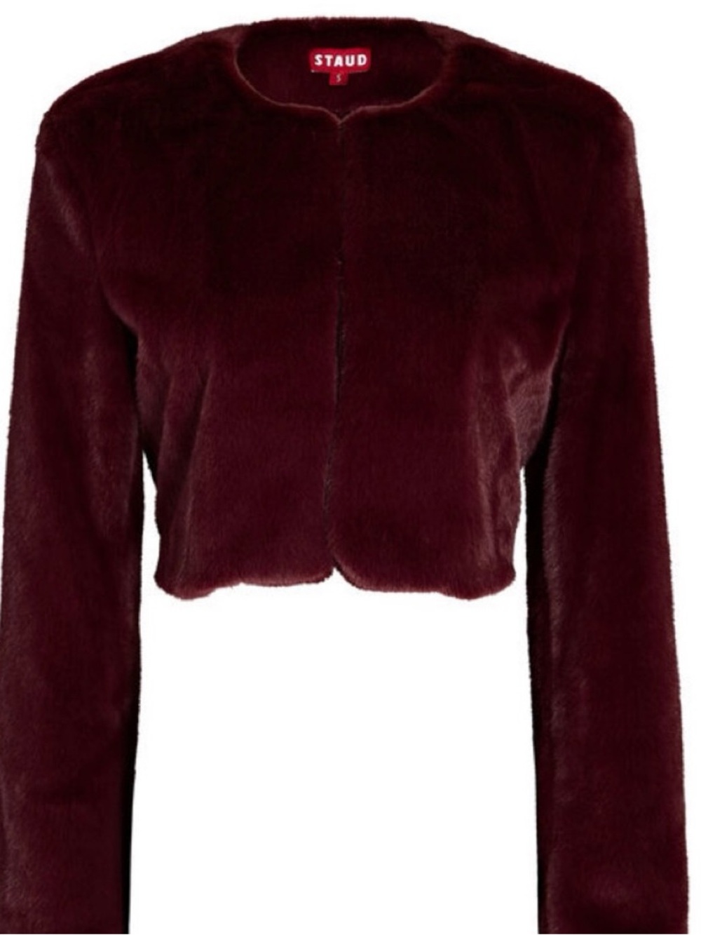STAUD Faux Fur Shrug Wrap Shawl Plush Stole Collarless Jacket - Burgundy